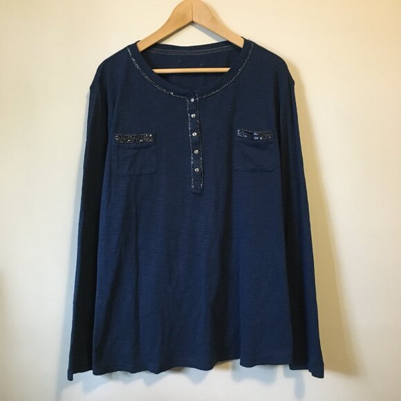 Navy Blue Beads and Sequins Button Collar Shirt - Picture 1 of 13